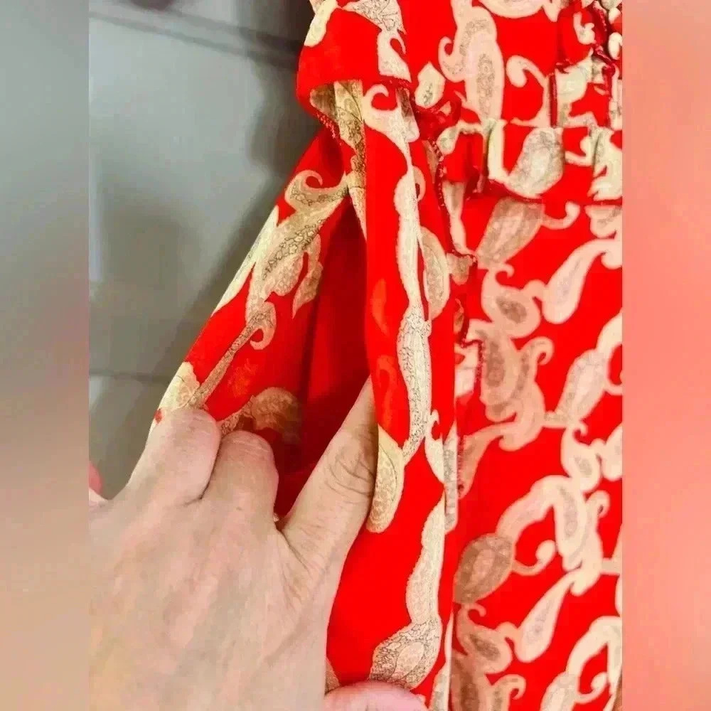 MELLODAY V-Neck Short Sleeve Paisley Print Midi Dress In Red Cream - Picture 2 of 11